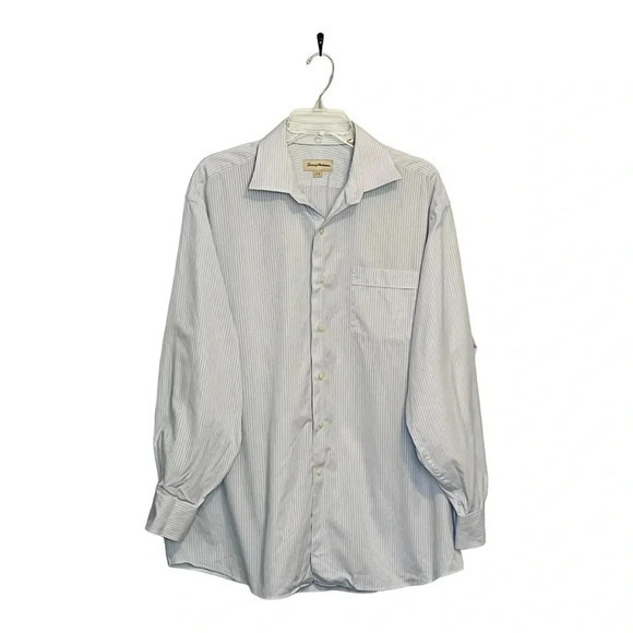 TOMMY BAHAMA LIGHT BLUE PINSTRIPES‎ BUTTON-DOWN SHIRT 100% COTTON SIZE LA… - Picture 1 of 7